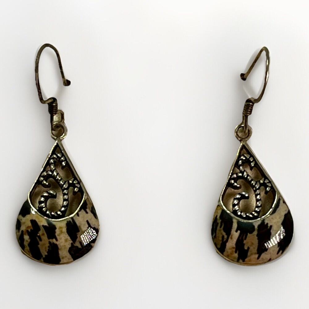 Vintage Sterling Silver Leopard Jasper Teardrop Earrings - Signed 925 MJ